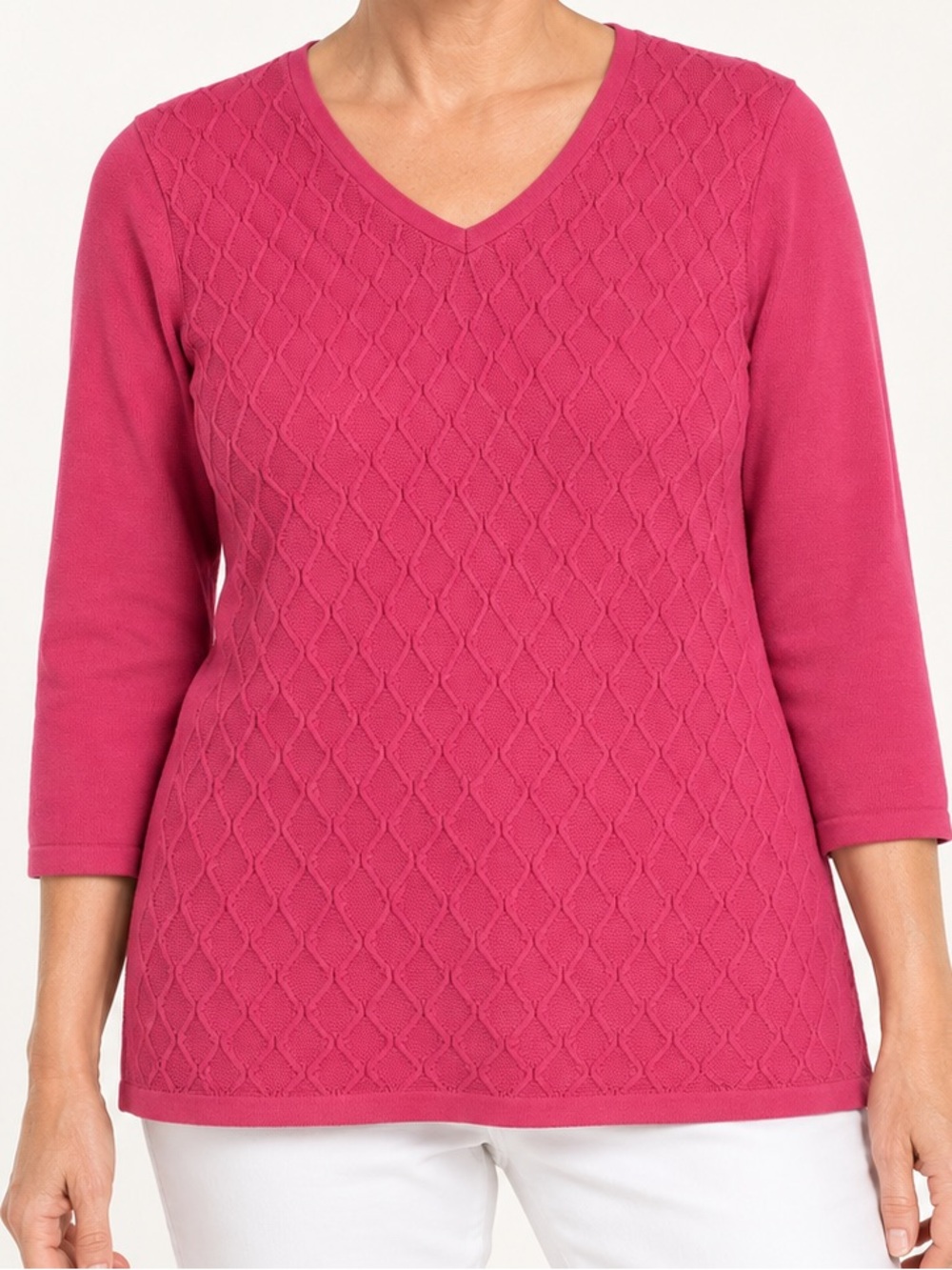 Talbots Fuchsia Pink V-Neck Diamond-Stitch Sweater Womens Size M 100% Cotton